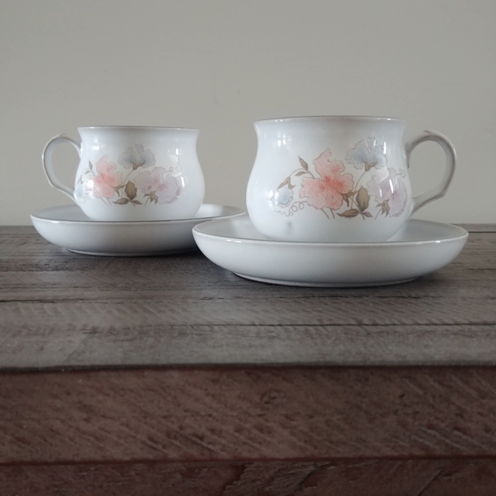 Denby England set of two heavy teacups and saucers with pink blue flowers